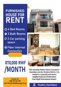 Inzu nziza ikodeshwa i Karembure irimo ibikoresho byose, intebe, ibitanda, amashuka n'ibikoresho byo mu gikoni